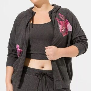 Torrid Everyday Fleece Full Zip Active Hoodie in Charcoal Heather Peonies 3 BNWT